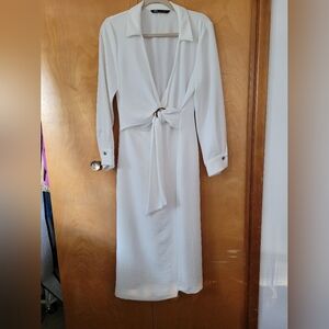 Zara Cream Long Sleeved Midi Dress Size L NWOT